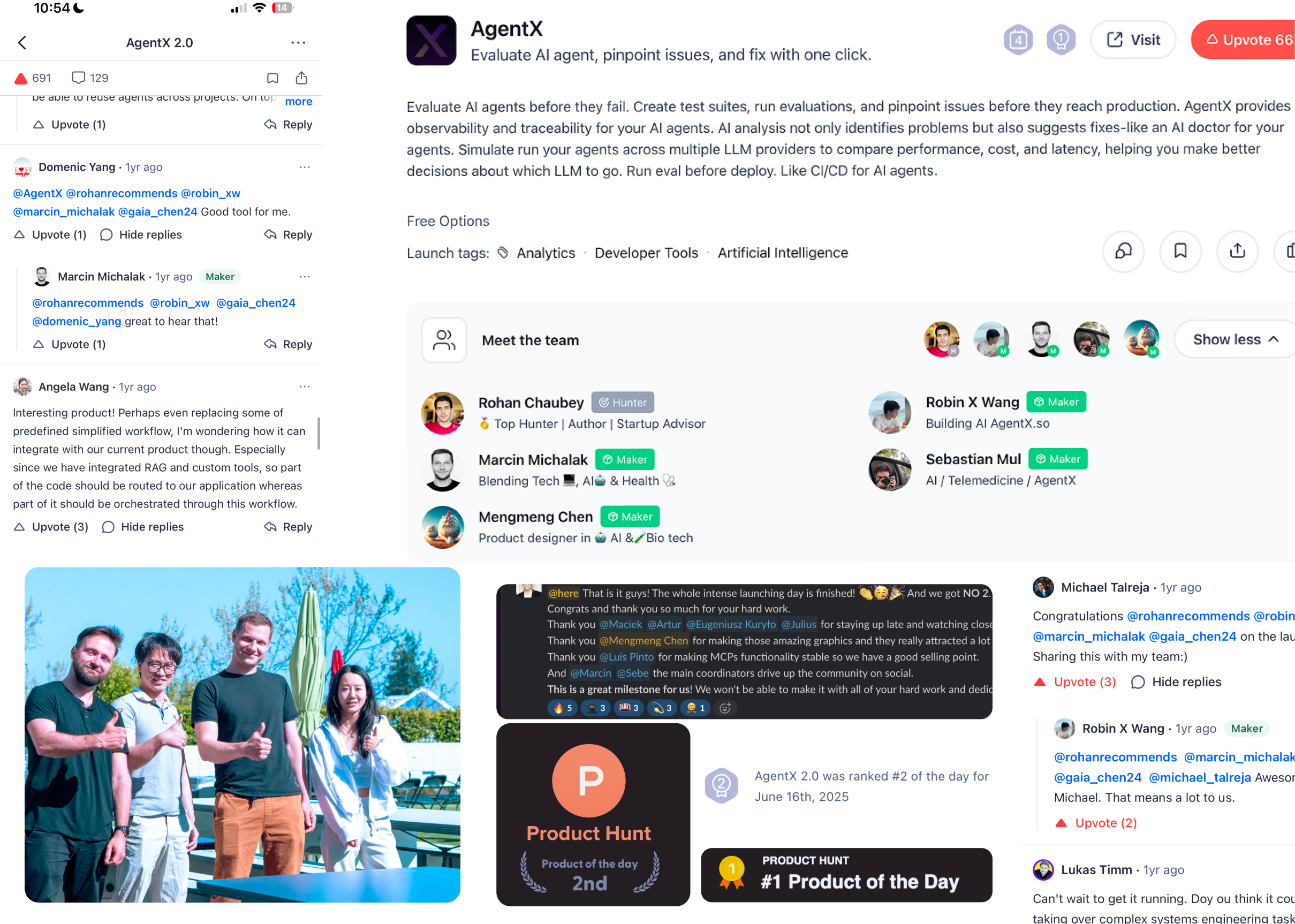 AgentX Product Hunt launch feedback and a photo with the CEO and team